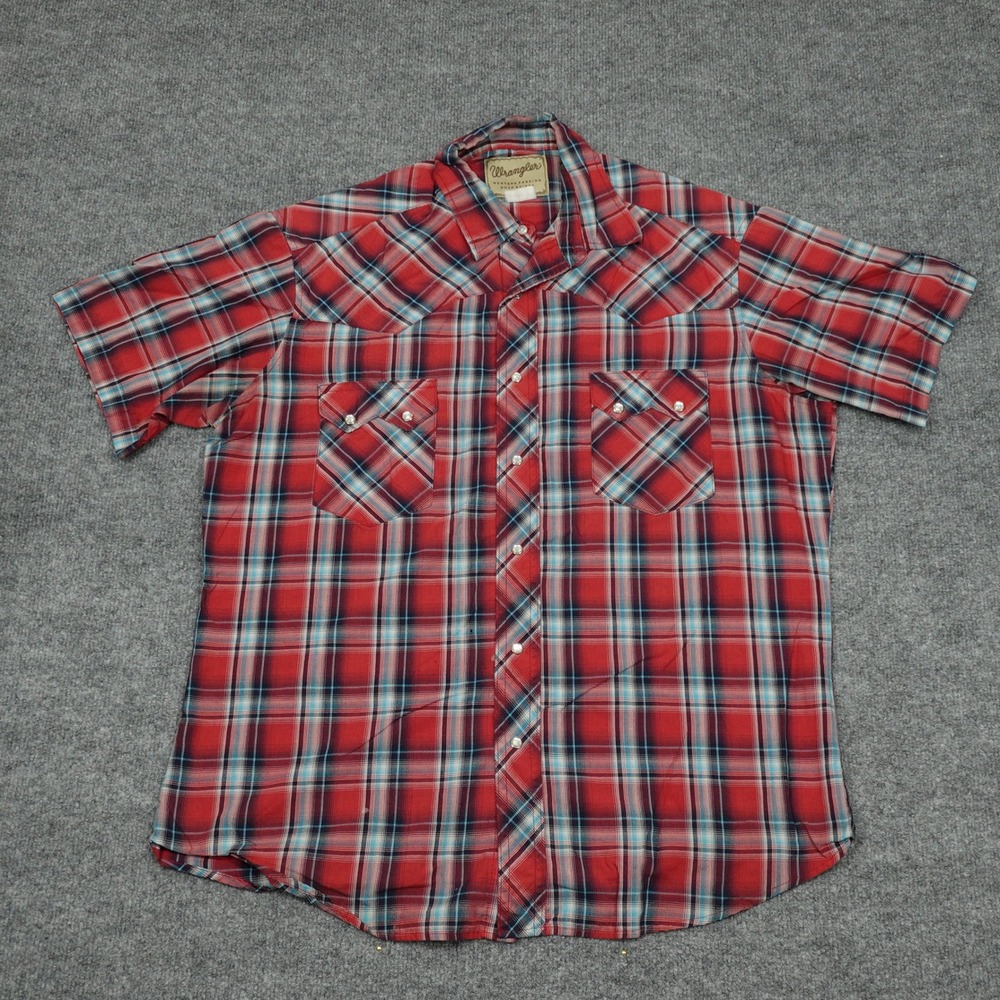 Wrangler Shirt Mens XL Red Plaid Western Pearl Snap Short Sleeve Casual